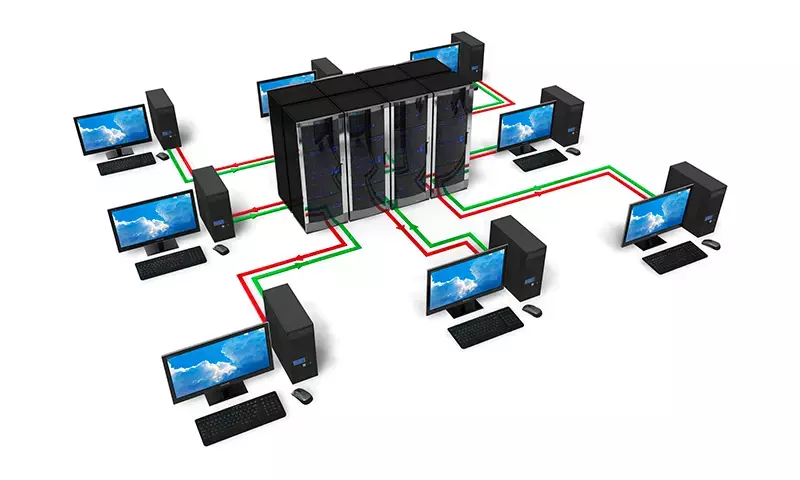 A graphic demonstrating a system of eight computers all connected to a central server to form a network.