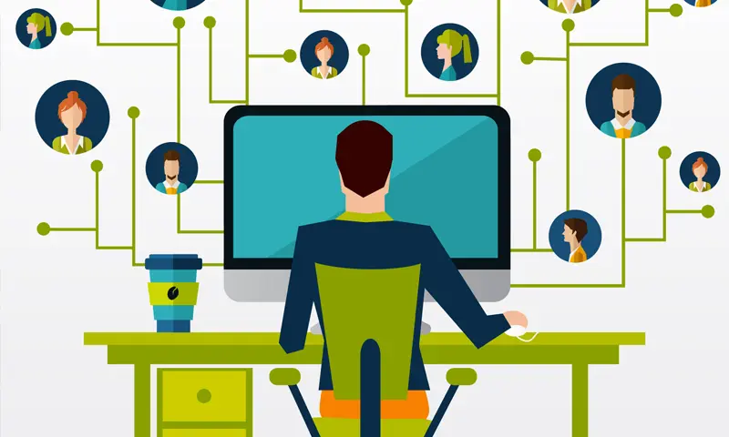 A vector image of a person sitting at a desk in front of a computer monitor. Lines connect this person’s computer to many different pictures of other people.