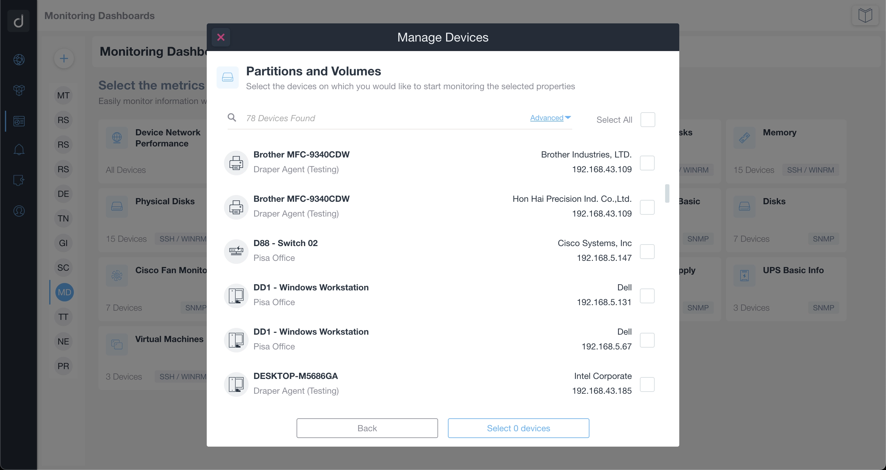 Monitoring Dashboard Select Devices