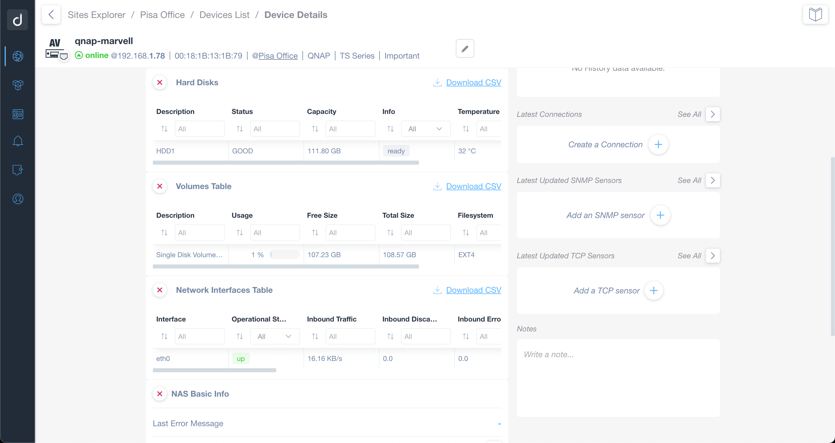 Pre-configured SNMP Sensors - QNAP Hard Disk, Volumes table, Network interfaces table and NAS basic info