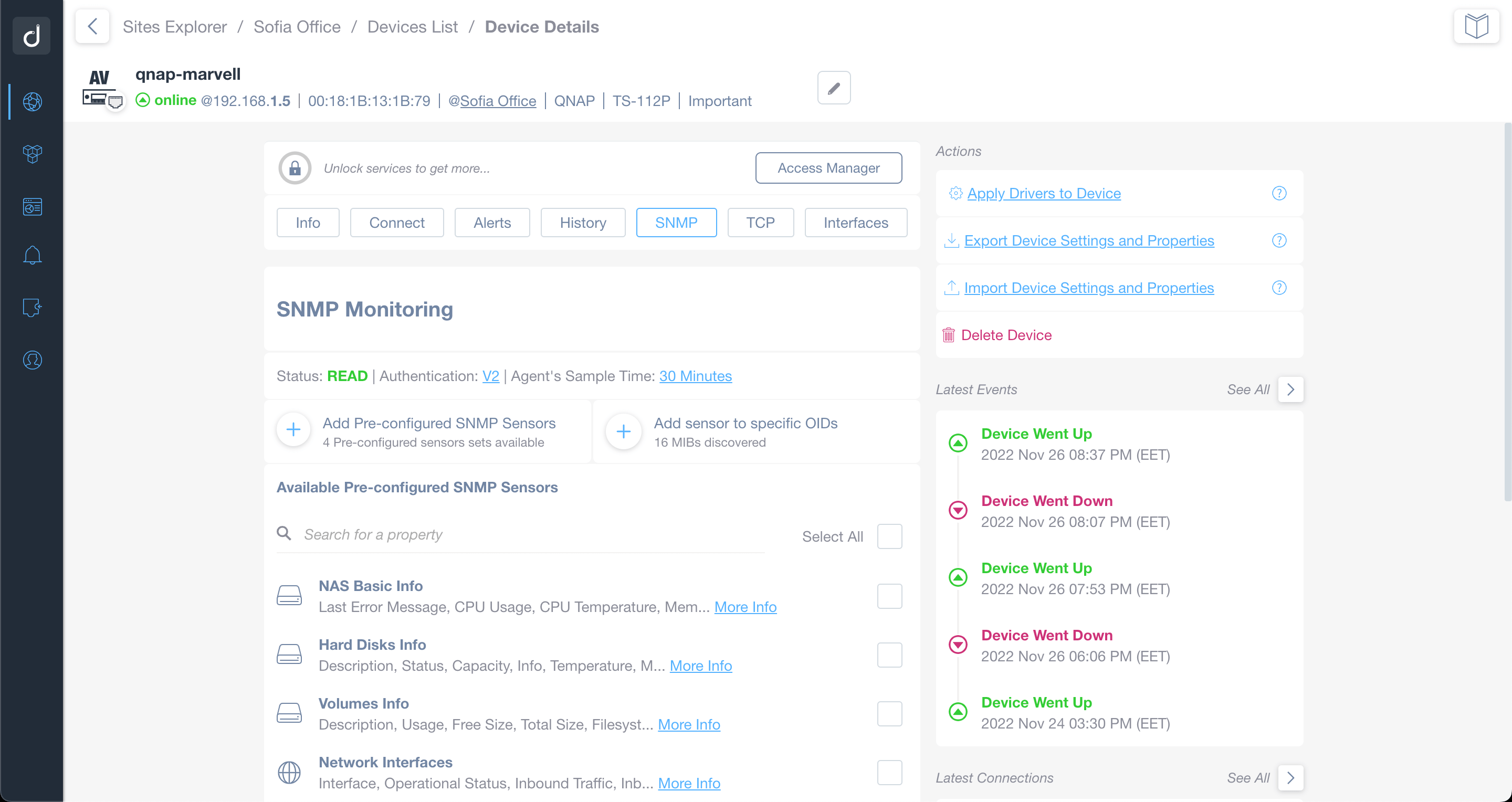 QNAP available Pre-configured SNMP Sensors