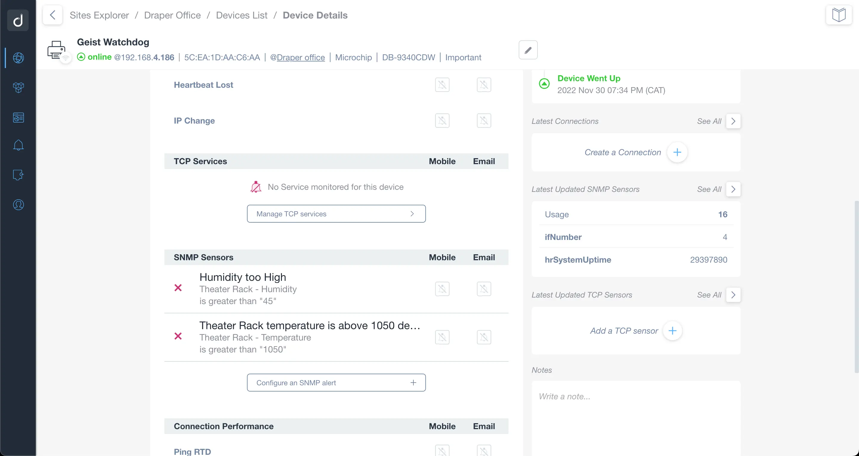 SNMP sensor for generating alerts