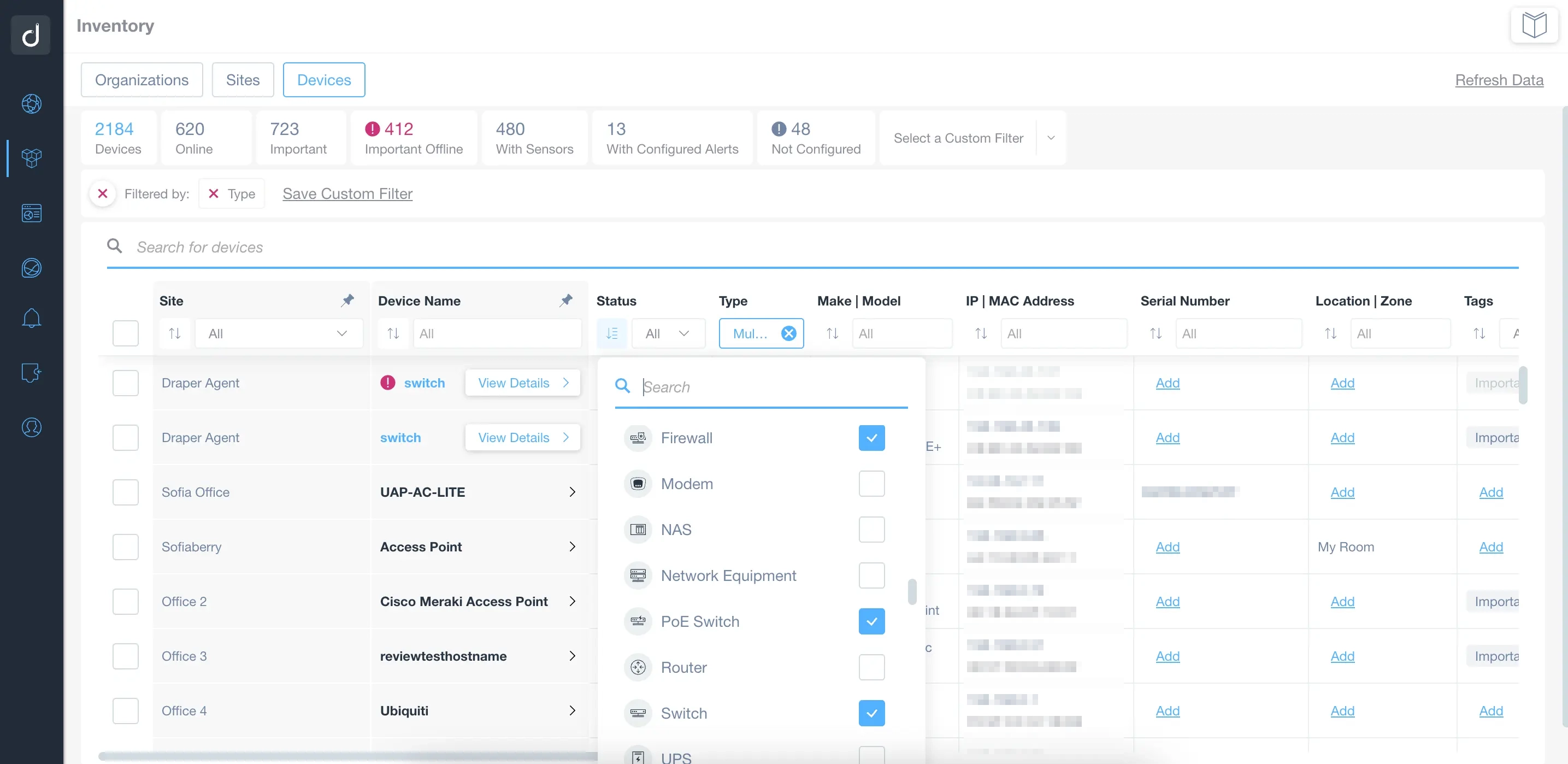 Switches, Firewalls, and Access Points Monitoring Inventory