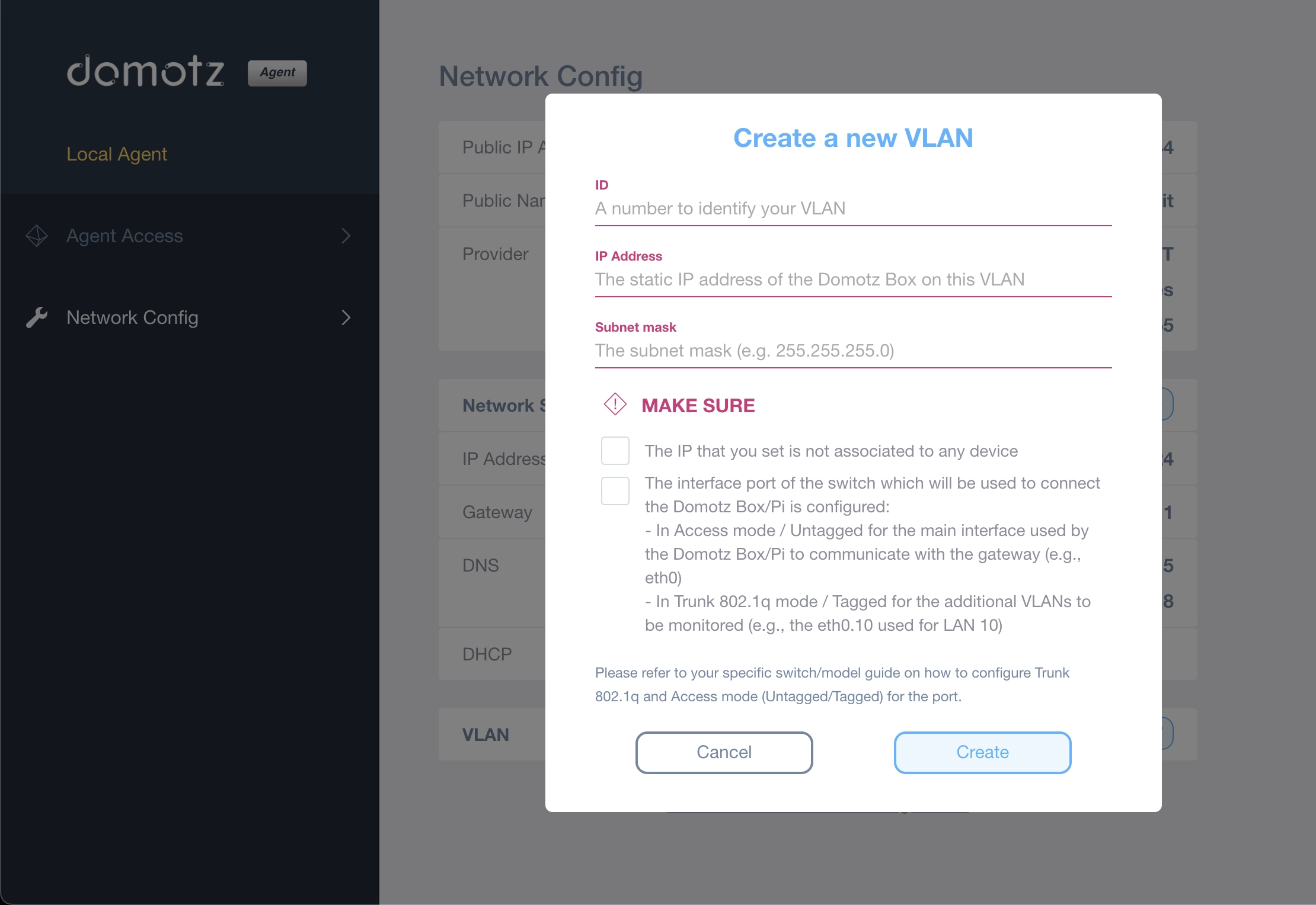 VLAN configuration Popup