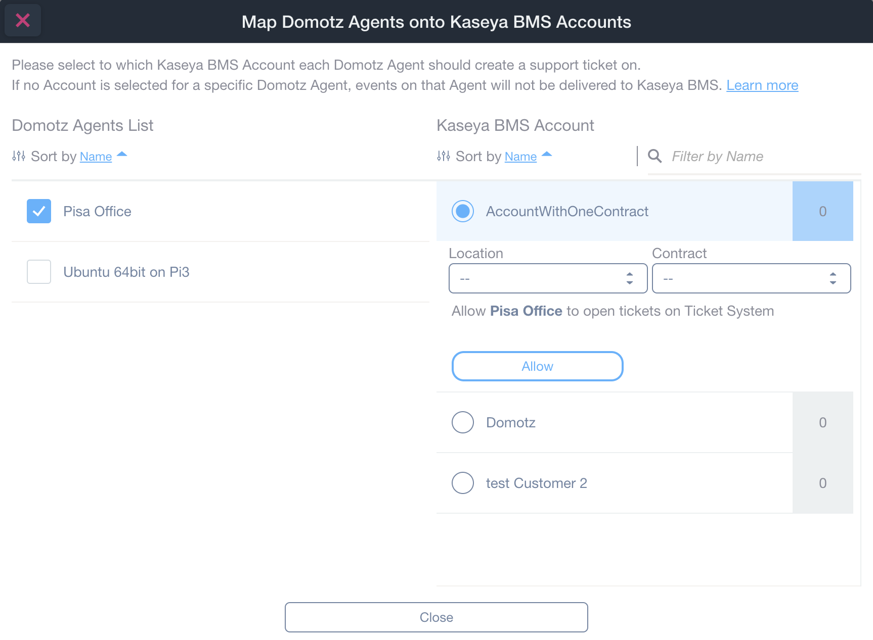 Kaseya Contract mapping and automatic ticket creation and closure